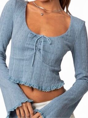 Edikted Lacey Ruched Bell Sleeve Stretch Cotton Crop Top